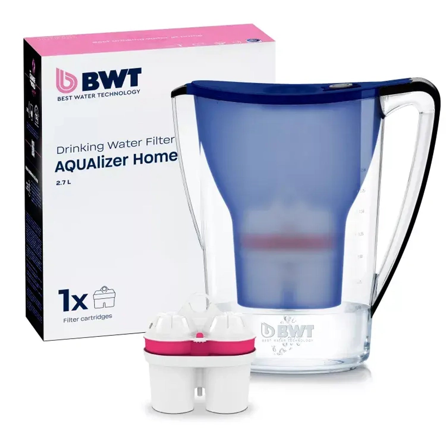 BWT magnesium water filtration pitcher with replaceable mineralizing filter cartridge