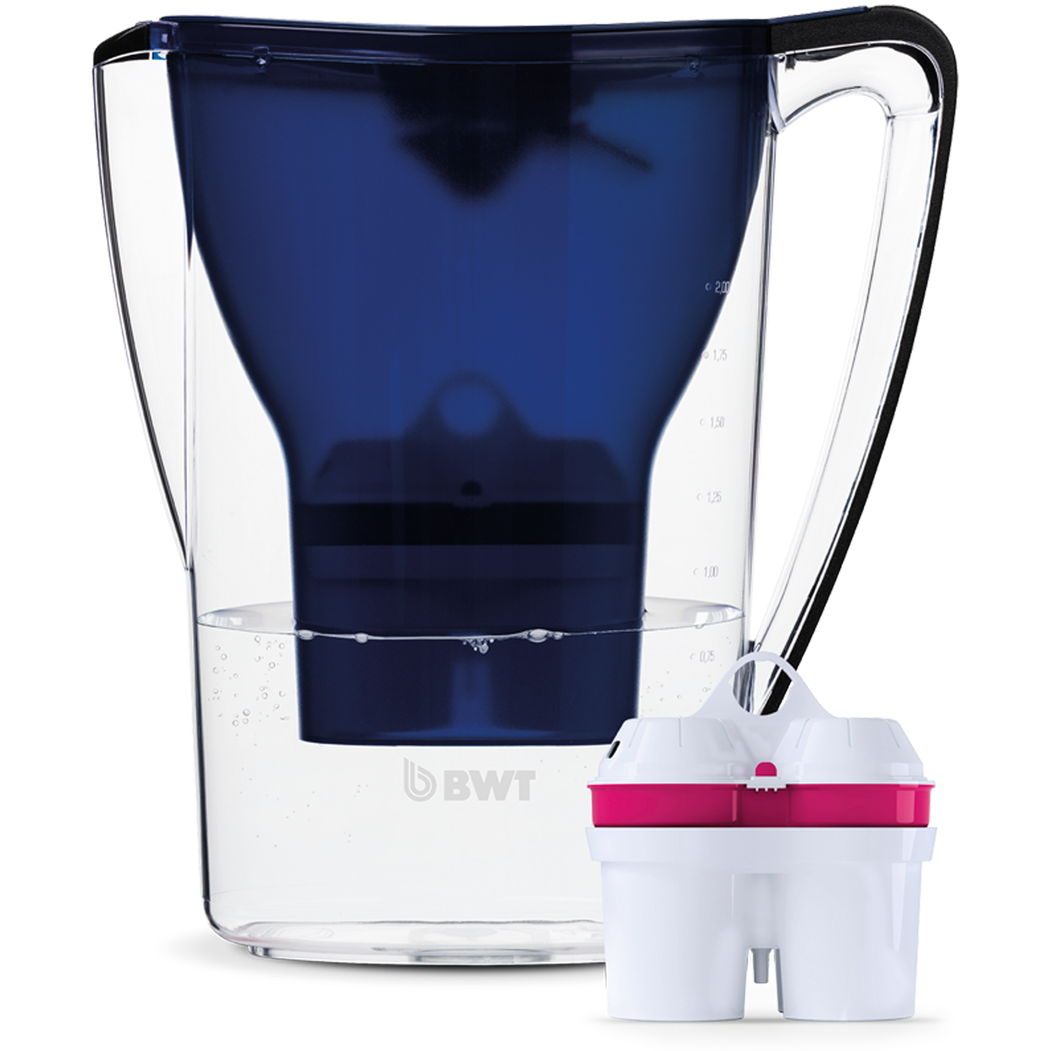 Blue BWT AQUAlizer filtered water pitcher for kitchen and refrigerator use
