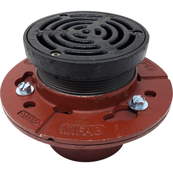 MIFAB F1100-C-5-4-7 Floor Drain Membrane Floors, Clamp Collar, 5" Round Heavy-Duty Ductile Iron Strainer, Trap Primer Connection, 2" 3" 4" No-Hub Connection