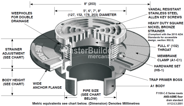 Mifab F1100-C-X5-1 Floor Drain w/ Heavy-Duty Strainer for Membrane Floor Areas
