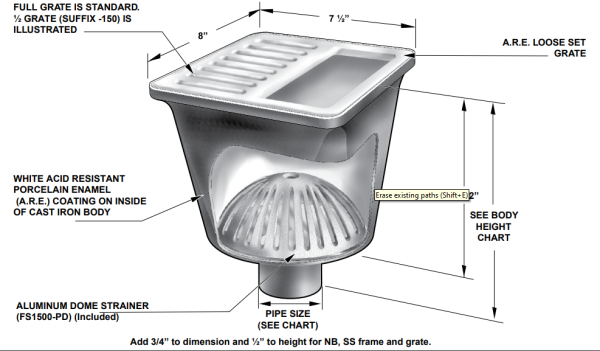 MIFAB FS1520 8" x 8" x 6" Floor Area and Indirect Sanitary Waste Drain, 2" 3" 4" No-Hub Connection