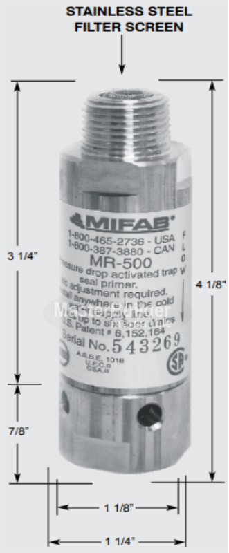 MIFAB M-500 Series Pressure Drop Activated Trap Seal Primer