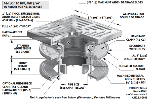 MIFAB R1100-PR 8" x 8" Promenade Deck Drain, Adjustable Height, 2" 3"