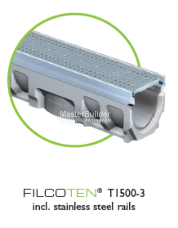 MIFAB T1500N-3-FSPC FILCOTEN Drenaje de zanja de hormigón reforzado con fibra de 6" de ancho con riel inoxidable y rejilla perforada de acero inoxidable, canal neutro 
