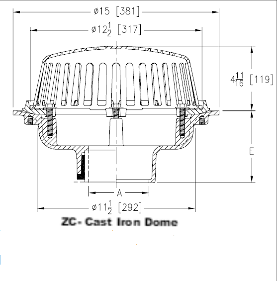 Zurn ZA-100-4IP-AC-G 15" Diameter Roof Drain, Aluminum Dome, 4" Threaded Connection, Angular Underdeck Clamp, Galvanized