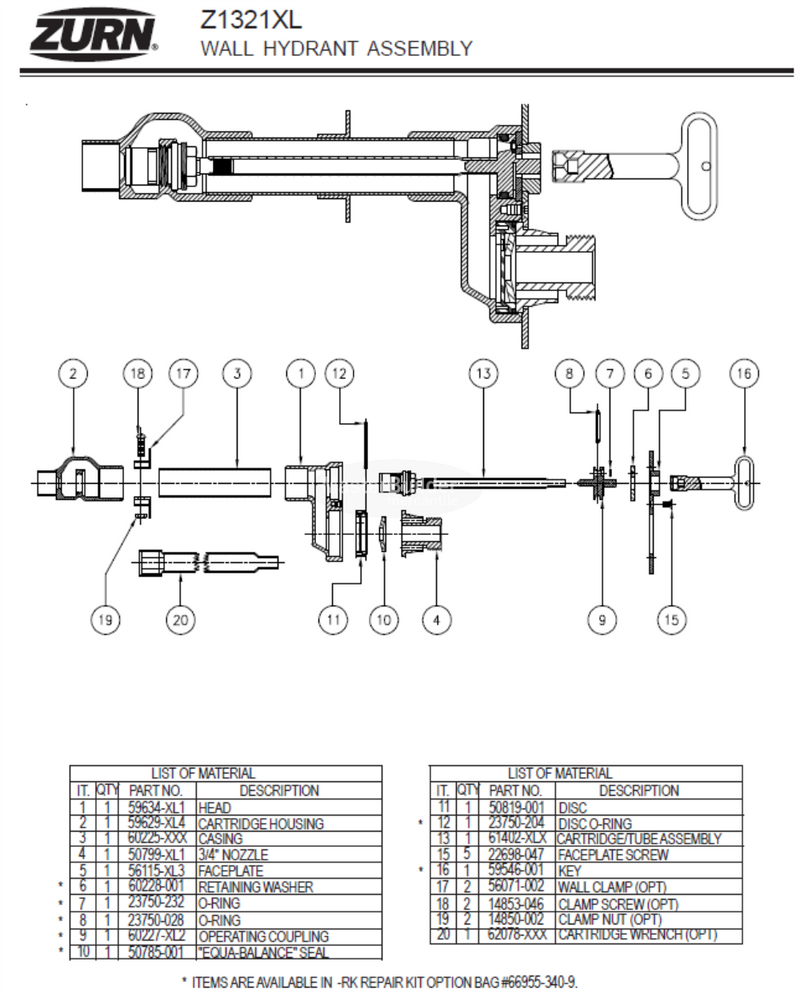 Zurn HYD-RK-Z1321XL/Z1333XL Hydrant Parts Repair Kit 66955-340-9