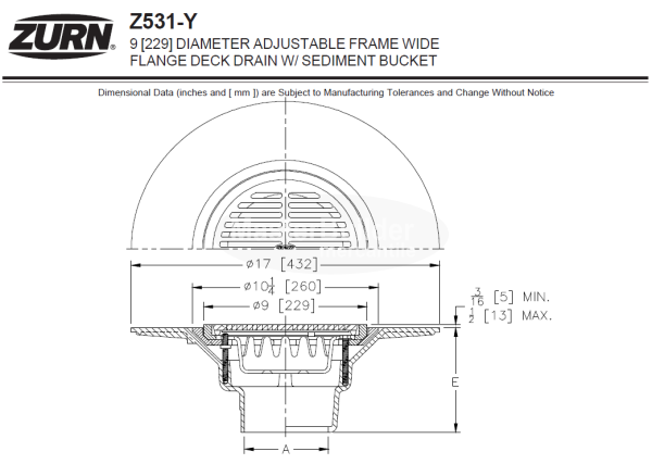 Zurn Z531-Y 9" Adjustable Frame Wide Flange Medium-Duty Deck Drain w/ Sediment Bucket