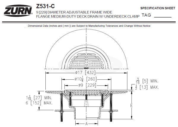 Zurn Z531-C 9" Adjustable Frame Wide Flange Medium-Duty Deck Drain w/ Clamp Collar