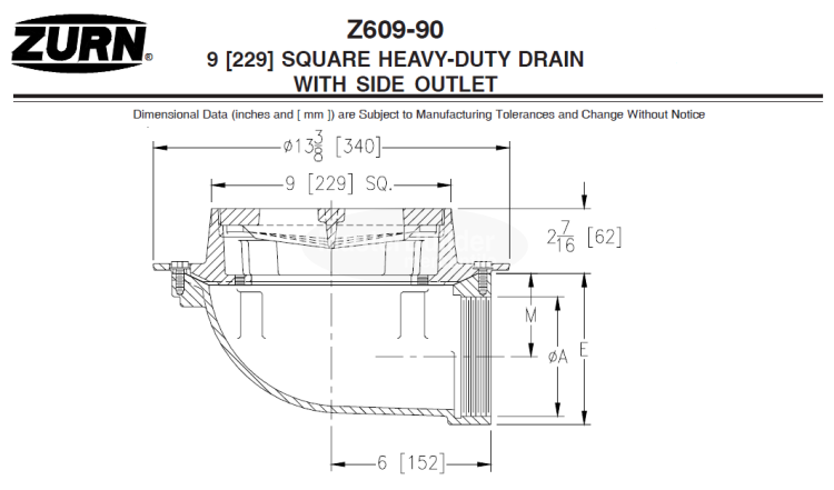9 [229] SQUARE HEAVY-DUTY DRAIN WITH DUCTILE IRON GRATE AND TRAP PRIMER CONNECTION