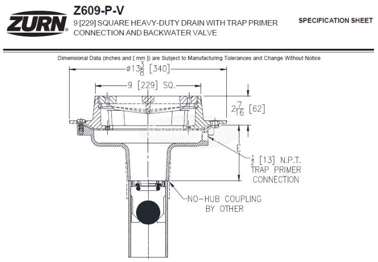 9 [229] SQUARE HEAVY-DUTY DRAIN WITH TRAP PRIMER CONNECTION AND BACKWATER VALVE