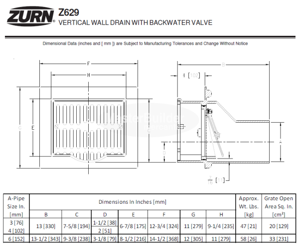 Zurn Z629 Vertical Wall Drain with Integral Backwater Valve