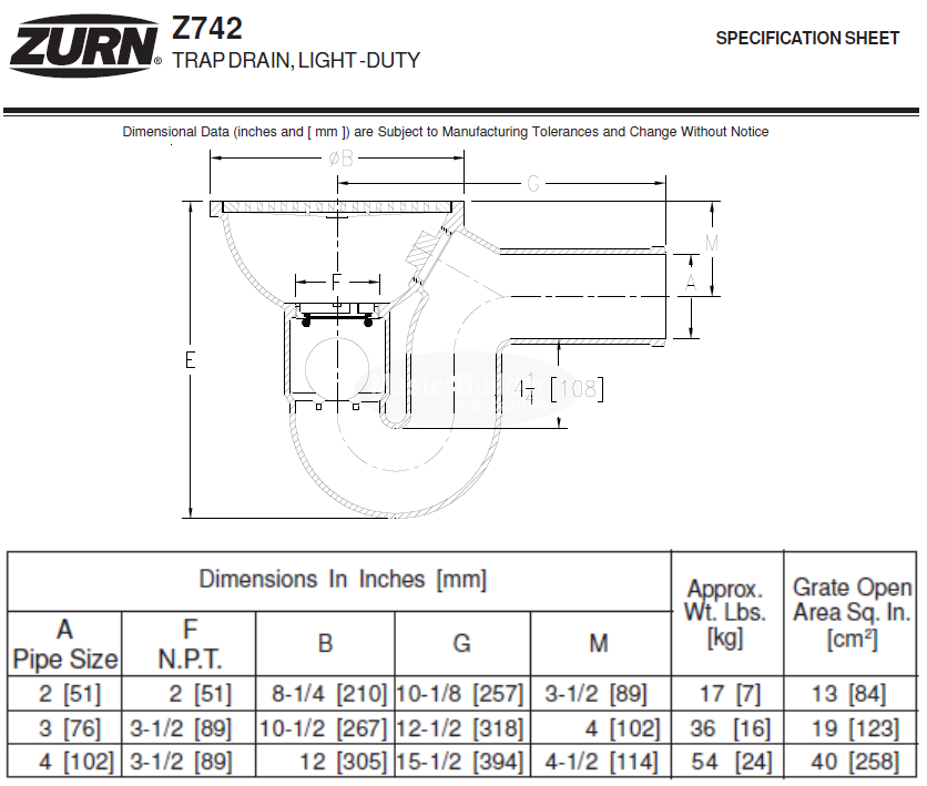 Zurn Z742-2SP 8" Light-Duty Top Drain w/ Integral Double Wall Trap, Side Outlet, Backwater Valve