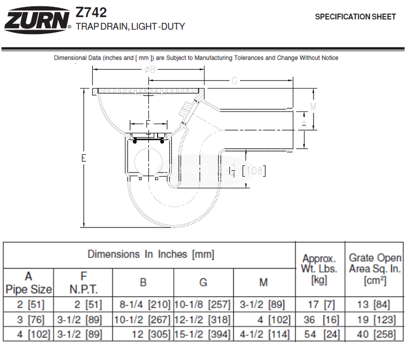Zurn Z742-3SP 10" Light-Duty Top Drain w/ Integral Double Wall Trap, Side Outlet, Backwater Valve