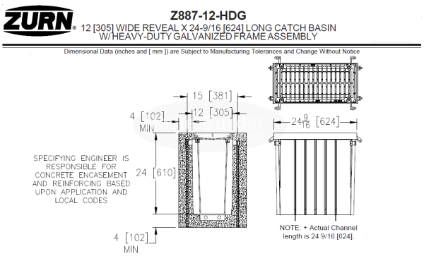 Zurn Z887-12-HDG-GDC 12" Wide x 24" Long Catch Basin w/ Galvanized Frame & Grate Class 'C'
